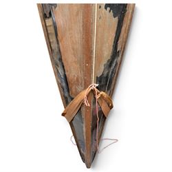Mid-20th century varnished marine plywood two-person touring kayak, the decked hull with pointed bow and stern, two circular Holt-Allen access hatches and central open cockpit fitted with seats