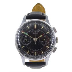 Sekonda USSR chronograph stainless steel wristwatch, 19 jewels manual wind Poljot lever movement, cal. 3017, two dials for seconds and 45-minute register, outer tachymeter and inner telemeter scales, case with buttons in the band to operate chronograph, on black leather strap