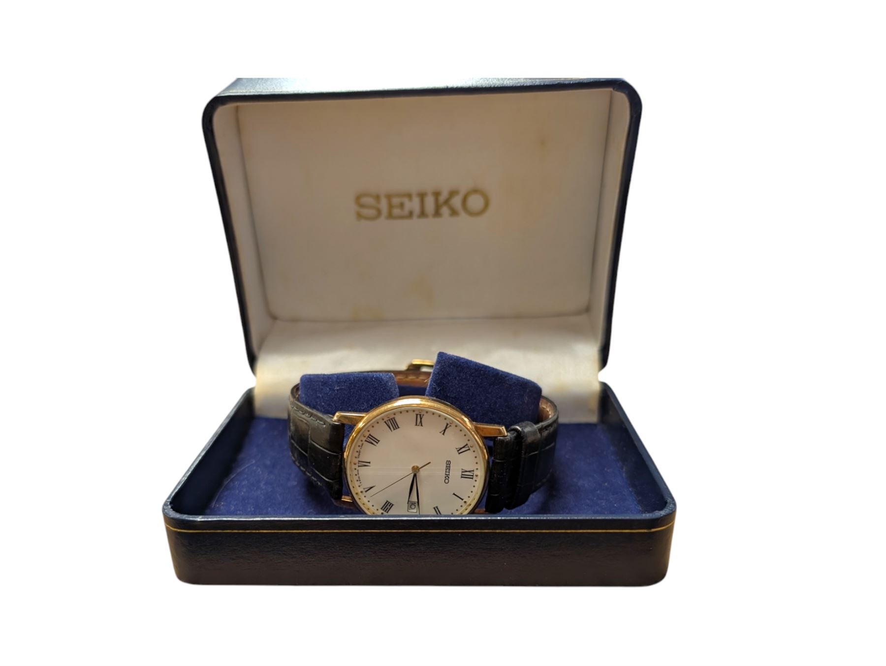 Seiko 9ct gold gentleman's presentation wristwatch, hallmarked, on original black leather strap, boxed