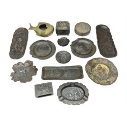 Brass sunfish ashtray, Chinese silver plated trinket box with mirror, bronzed matchbox cover and a collection of other Oriental bronzed embossed metal trays