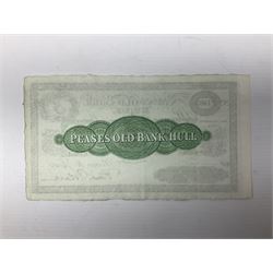 Pease's Old Bank Hull, five pounds banknote for Pease & Sons, numbered P1483, with 'Peases Old Bank, Hull' to the reverse