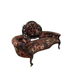 Victorian mahogany framed serpentine sofa, double curved scroll ends, upholstered in rose fabric, terminating in ceramic castors 