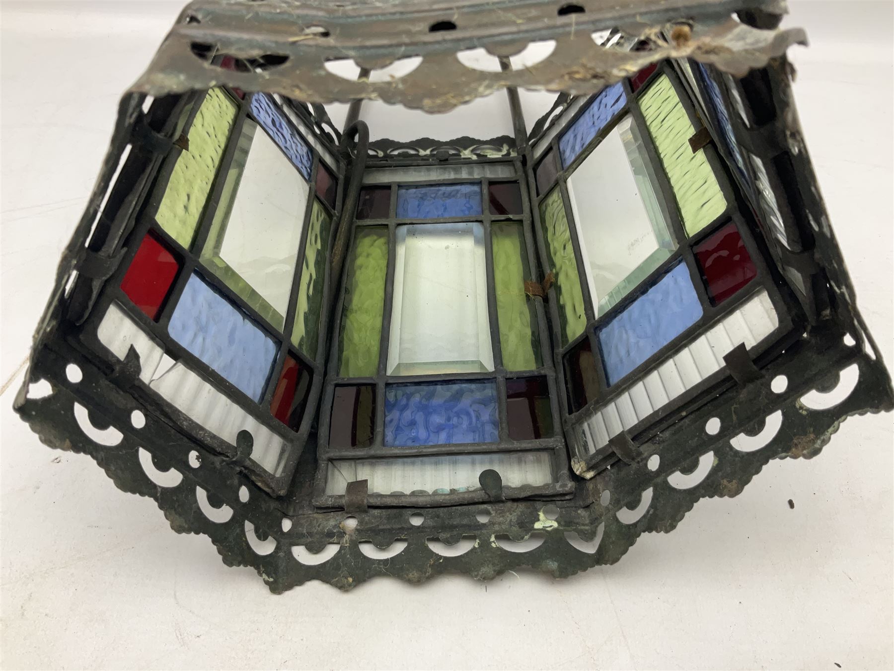 Victorian brass and stained leaded glass hall lantern, of hexagonal form, supported by four domed arms and pierced fret, H46cm W20cm