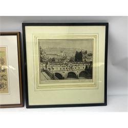 Two framed prints, Bath Old Pulteney Bridge, signed Cathpole and 'where they touching' signed Bateman