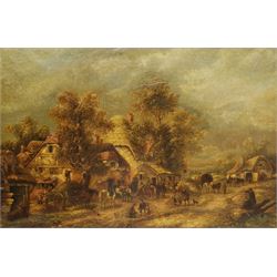 Continental School (19th century): Busy Village Scene with Children and Horses, oil on canvas unsigned 50cm x 75cm
