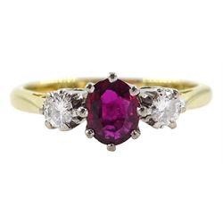 Gold three stone oval ruby and diamond ring, stamped 18ct, ruby approx 0.55 carat