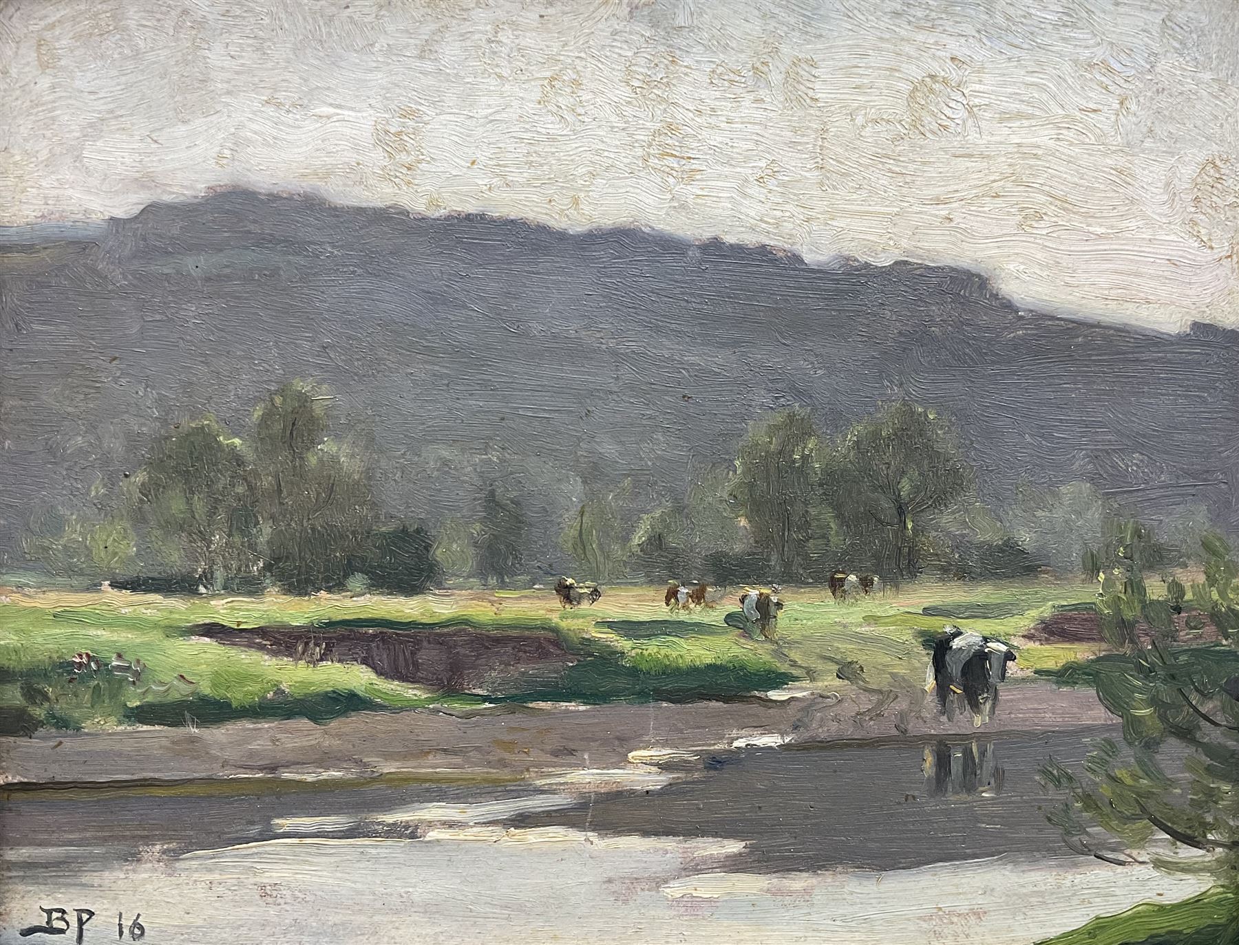 Bertram Priestman RA ROI NEAC (British 1868-1951): 'The Ford', oil on board signed with initials and dated '16, signed and titled verso 20cm x 25cm