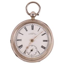 Silver AWW & Co Waltham Mass open faced pocket watch with subsidiary seconds dial, hallmarked