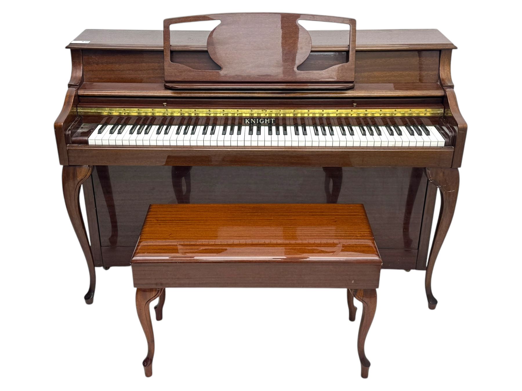 Knight - upright piano in mahogany gloss lacquered case, with stool,  rectangular slide back fall front enclosing full keyboard, with twin brass pedals, cabriole legs 
