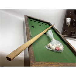Mahogany framed and green baize toy bar billiards game with gilt numbering, one cue and seven balls L76cm; together with an Art Deco bakelite bagatelle game possibly by Napro Productions (2)