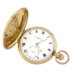 Early 20th century 9ct full hunter lever pocket watch by A Schwarz & Son, Holywell, white enamel dial with Roman numerals and subsidiary seconds dial, case by William Henry Sparrow, London import mark 1924