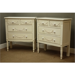  Pair French style cream finish chests of two short and two long drawers, on turned supports, W76cm, H87cm, D35cm  
