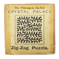 Early 20th century and later puzzles and games, including Bikee, 'A Novel and Very Amusing Game', by C.W. Faulkner & Co, Multum-In-Parvo Puzzle by RJ London, The Original 15 Puzzle by RJ London, The Chinese Zig-Zag 'A Wonderful and Extraordinary Puzzle', The Subway Puzzle by R Journet London, etc, all in glazed wooden display case