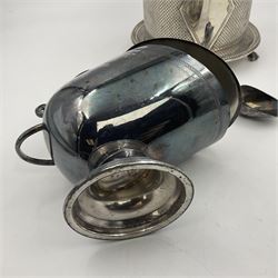 Silver plated biscuit barrel, of cylindrical form with cross hatch decoration, fluted domed hinged cover and upon pierced gallery and three claw and ball feet, together with a silver plated oval box and a sugar bowl in the form of a coal scuttle, barrel H18.5cm