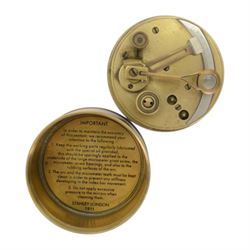Brass pocket sextant, of circular form, the screw lid engraved 'Stanley London 1911', impressed to inner cover 'Important' with care instructions, contained within leather case