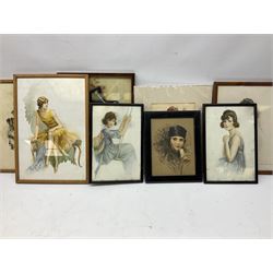 A Dickinson (British early 20th century): Portrait of Girl with Hat, two watercolours signed and dated 1914 together with two others similar and six vintage prints of flapper and art deco girls max 34cm x 24cm (10)