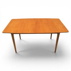 A.H. McIntosh - Mid-20th century teak extending dining table and four chairs, teak top table with internal fold over leaf extending to 193cm, raised on cylindrical tapering supports