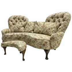 Victorian design hardwood-framed double back settee, upholstered in buttoned floral pattern fabric, curved back over serpentine seat, on cabriole feet, with matching scatter cushions (W182cm, H94cm, D86cm); together with crescent-shaped footstool with cabriole feet (W55cm)