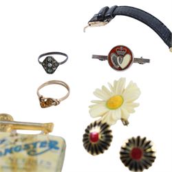 Silver collared glass bottle and a collection of costume jewellery, including beaded necklaces, ring, wristwatch, etc