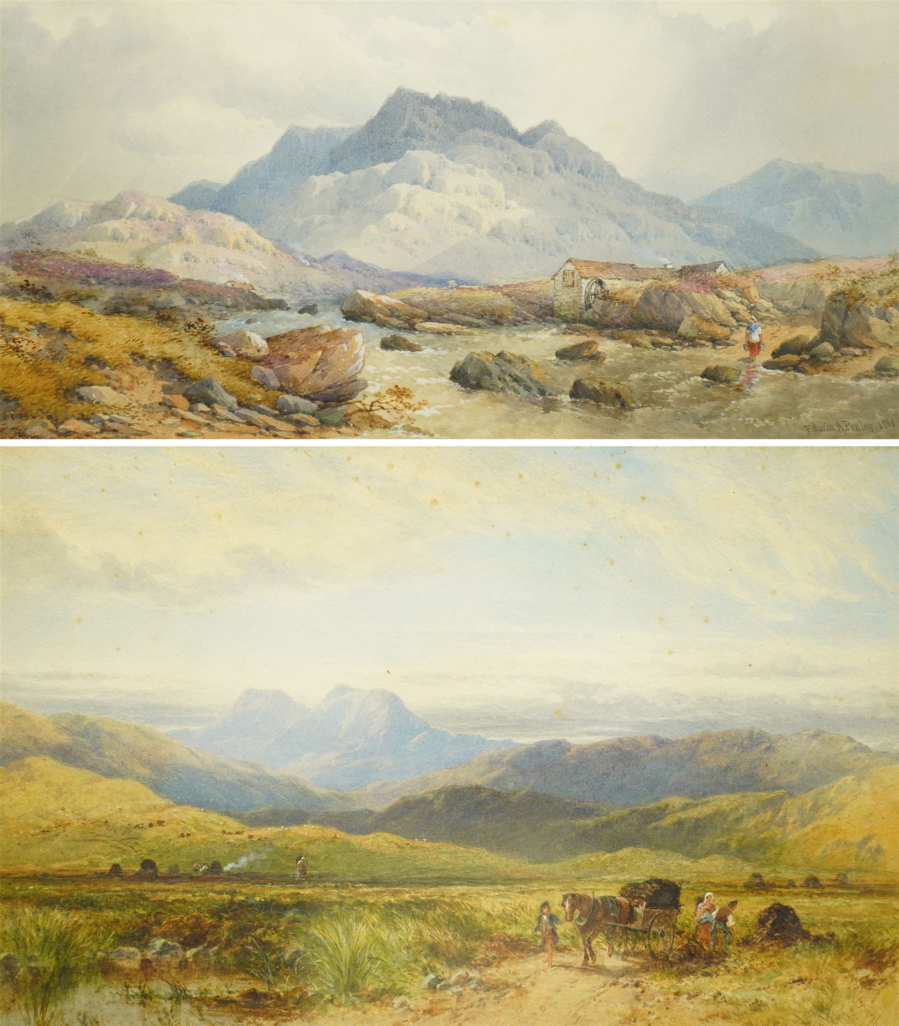John Adam Houston (British 1812-1884): Haycart at Foot of the Mountains, watercolour signed and dated '76, 29cm x 45cm; Edwin Aaron Penley (British 1826-1893): The Watermill, watercolour signed and dated 1880, 25cm x 49cm (2)