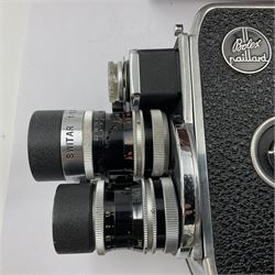 Paillard Bolex D8L STD 8mm cine camera body, serial no. 831223, with 'Paillard Switar 1:1.8 f=36mm AR' lens, serial no. 769123, Paillard Yvar 1:1.8 f=13mm AR' lens, serial no. 782154 and Paillard Pizard 1:1.9 f=5.5mm AR' lens, serial no. 717045, in leather carry case