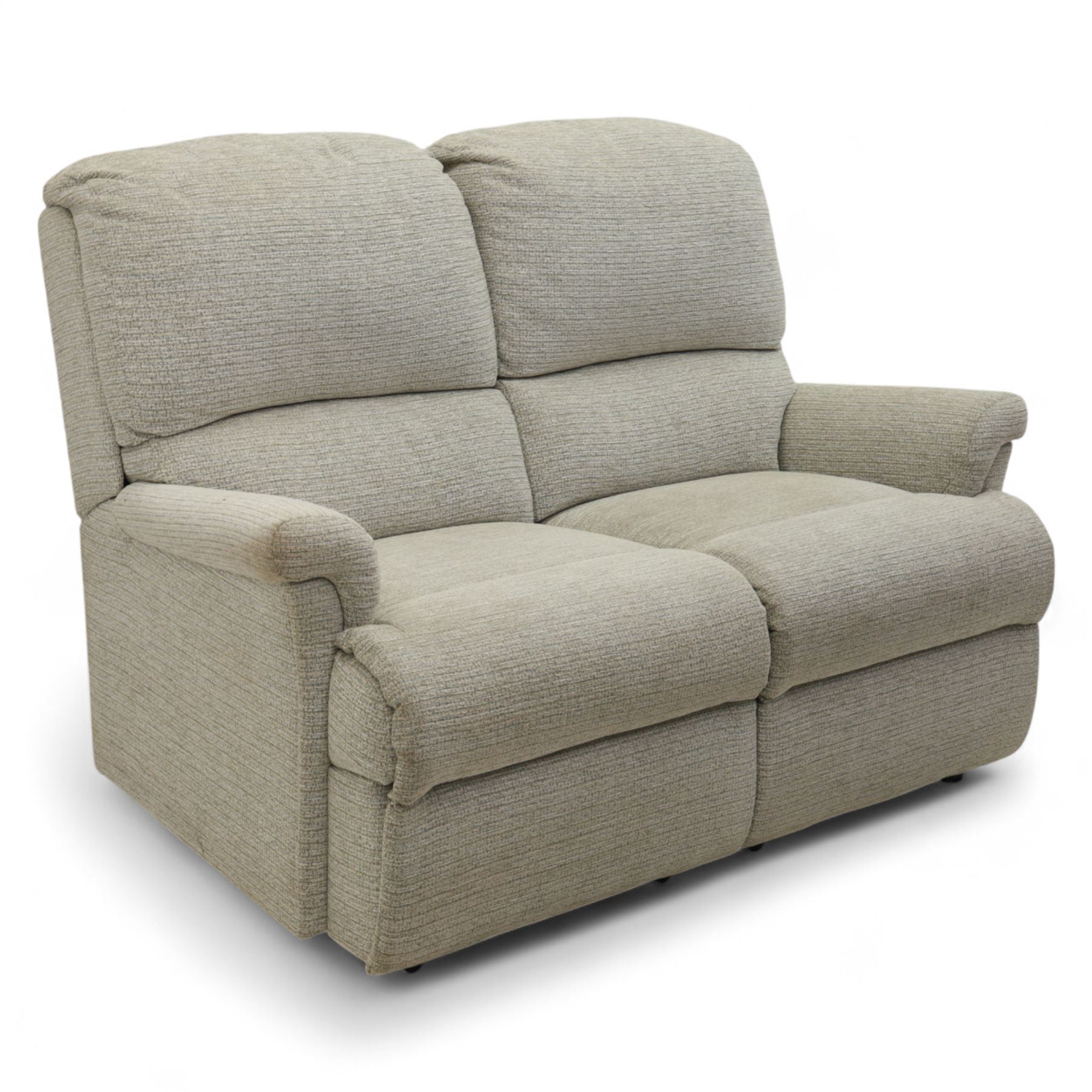 Sherborne - Two seat sofa, in grey chenille fabric upholstery with fixed cushions and upholstered scroll arms, split in to sections and on castors