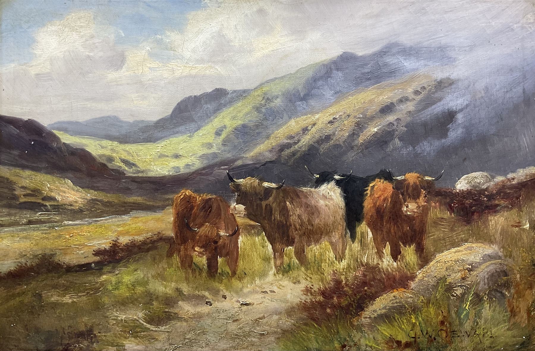 Charles W Oswald (British fl.1892-1900): Highland Cattle, oil on canvas signed 30cm x 45cm in swept gilt frame