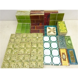 Set of ten Mintons small glazed tiles, set of forty-five small green glazed flower head moulded tiles, set of fourteen brick effect green glazed tiles, another matched set and other tiles. Provenance: From a Private Yorkshire Collector  