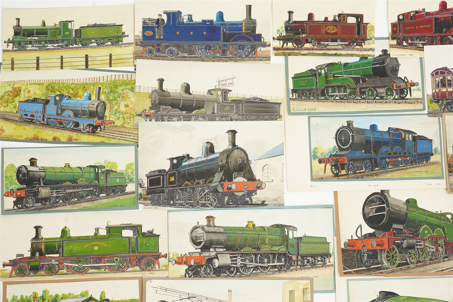 J Howorth - Collection of twenty eight watercolours of railway locomotives, all signed and dated from 1947-1966, various sizes, all unframed