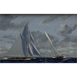 James Miller (British 1962-): Big Class Yachts - 'Columbia and Shamrock II' - America's Cup 1901, oil on canvas signed, titled verso 28cm x 43cm