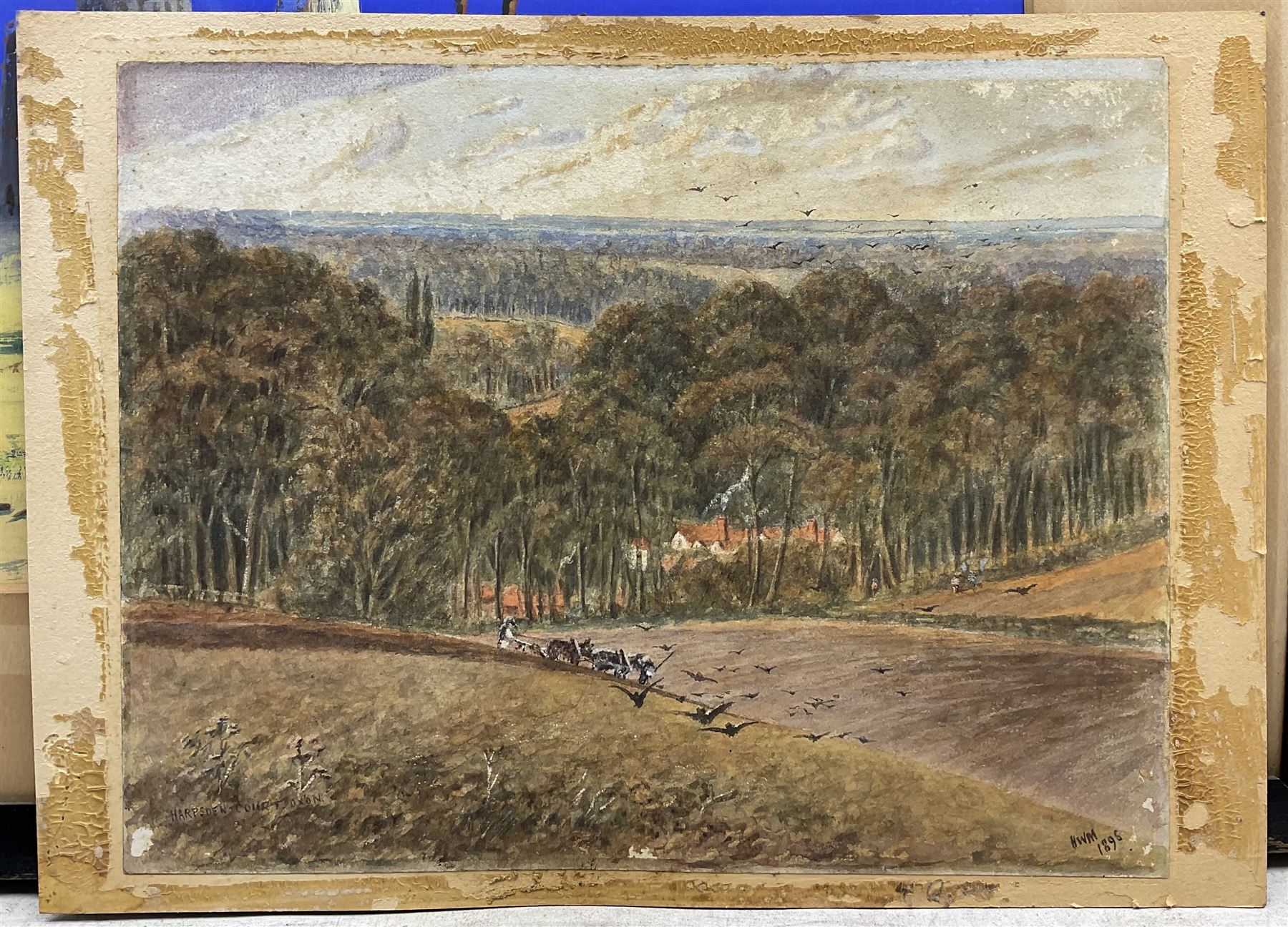 R Rappini (Early 20th century): 'Ruins near Giza', gouache signed and titled 27cm x 37cm; HWM (British late 19th century): 'Harpsden Court Oxon', watercolour signed with initials titled and dated 1896, 22.5cm x 29cm (unframed) (2)