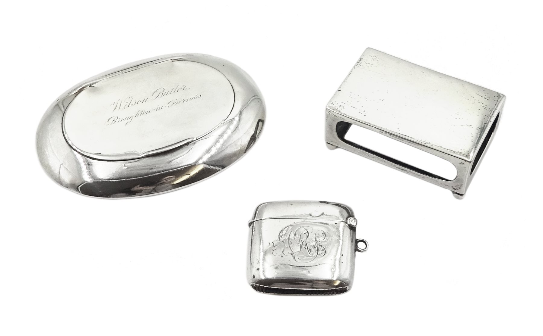 Silver oval shaped snuff box by Henry Williamson Ltd, Birmingham 1919, silver matchbox holder by Horace Woodward & Co Ltd, Birmingham 1907 and silver vesta case hallmarked, approx 4.4oz 