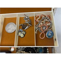 Three pairs of silver cufflinks, Queen Victorian 1847 silver crown, enamelled flower pendant, eleven South Africa 1 Rand coins dated 1969 and 1970, Sekonda wristwatch and a collection of jewellery including a Givenchy necklace