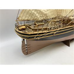 Three masted kit built sailing ship with cloth sales, deck fittings and full rigging, on open display, L110cm, H80cm  