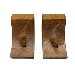 Mouseman - pair of adzed oak bookends, carved mouse signature, by the workshop of Robert Thompson, Kilburn, H9cm W9cm D15cm