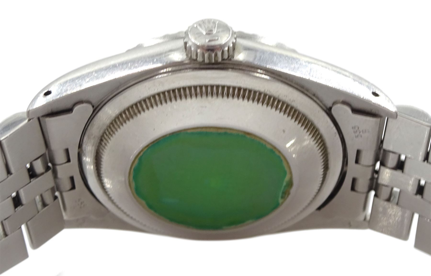 Rolex Oyster Perpetual Datejust gentleman's stainless steel automatic wristwatch, circa 1990, Ref. 16220, serial No. E271806, cream dial with Roman numeral hour markers, on Jubilee stainless steel bracelet with fold-over clasp, boxed with papers