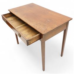 George III mahogany side table, rectangular top over single drawer, fitted with brass ring handles and pressed circular plates, on square tapering supports