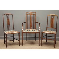  Art Nouveau mahogany armchair, inlaid splat, tapering splayed supports and pair Art nouveau dining chairs, all upholstered in Art Nouveau 'Lanthe' fabric designed by R. Beauclair   