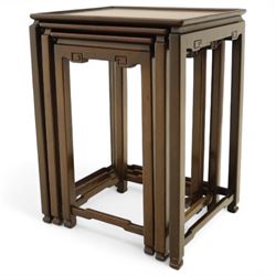 Whytock & Reid, Edinburgh  - Edwardian nest of three Chinese-style solid mahogany occasional tables, rectangular top with finely moulded edge above slim square section legs with subtly chamfered inner edges, joined by H-shaped stretchers, largest W40xD33xH52cm