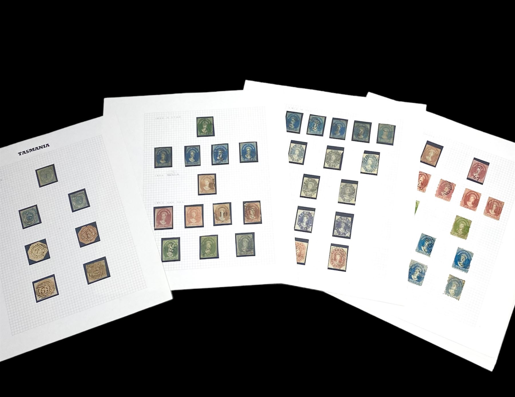 Van Diemen's Land (Tasmania) Queen Victoria and later stamps, including 1853-4 one penny and four penny stamps, 1855 two pence and four pence, 1856 one penny, 1857 various values, 1864-80 various perf issues etc, housed on pages
