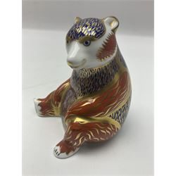Three Royal Crown Derby paperweights, comparing Honey Bear and two seated cats, all with gold stoppers and printed marks beneath