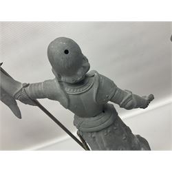 Pair of spelter figures modeled as Cavaliers, together with a spelter figure of Joan of Arc, largest H52cm