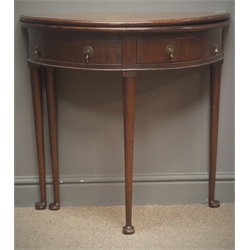  19th century mahogany D shape folding tea table, single drawer, gate action support, square tapering legs, W76cm, H72cm, D38cm  