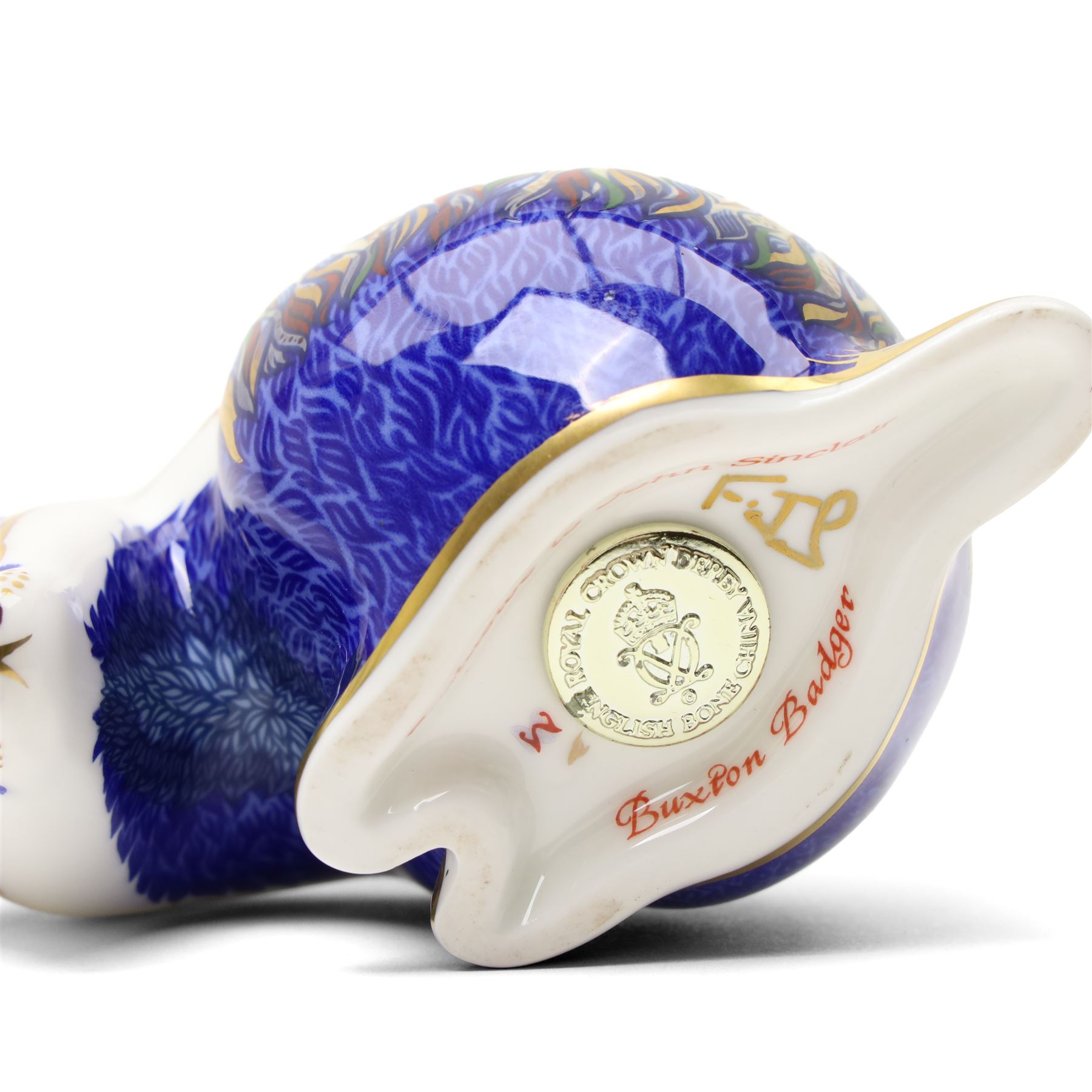 Royal Crow Derby paperweight Buxton Badger limited edition 51/500 with gold stopper and certificate and another Robin with silver stopper