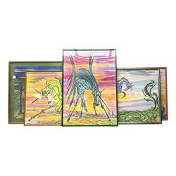 Dot Needham (British 20th century): 'Metamorphosis' 'Flight' 'After the Deluge' 'Sea Change' and Alien Pegasus with a Fiery Sky, set five pastels signed 84cm x 59cm (5)