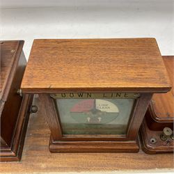 Railway signal boxes, mounted on plinth, with railway block indicators for Up Line and Down Line, having an electromagnetic indicator showing 'Train on Line' 'Line Clear' and 'Line Blocked', and brass signal bell to the centre, L100cm