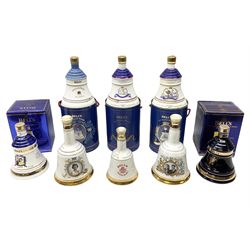 Eight Bell's Old Scotch Whisky royal commemorative ceramic decanters comprising 'Prince of Wales 50th Birthday', 'Princess Beatrice', 'Prince Henry', Queen Mother 90th Birthday', 'Princess Eugenie', 'Marriage of Prince Andrew with Sarah Ferguson', '60th Birthday of her Majesty Queen Elizabeth' and 'Golden Wedding Anniversary of the Queen and the Duke of Edinburgh', some with original boxes and all decanter seals intact 