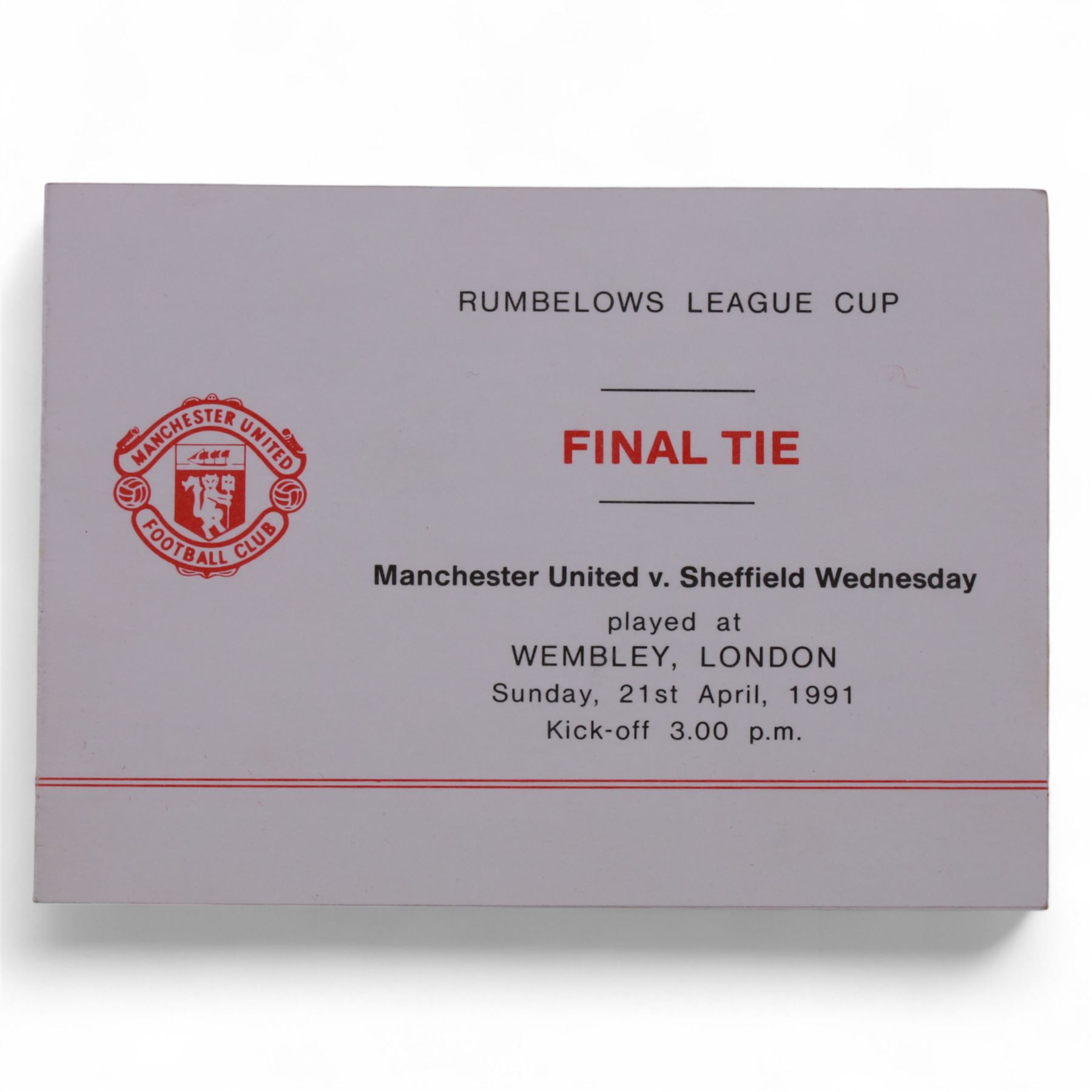 Manchester United football memorabilia relating to Colin Appleton, former Leicester City captain and Scarborough FC manager, including two letters from Manchester United club secretary Ken Merrett inviting Colin to join the official party for the European Cup Winners Cup Final between Manchester United and Barcelona, Rotterdam 1991 and the FA Cup Final 1990, two programmes for the above European cup match and three Rotterdam rosettes, ticket stubs for the 1991 Rumbelows League Cup finals and an Official Staff Party itinerary for this match, Challenge Cup Final Tie 1990 ticket stubs, three representative passes, boarding passes and plane tickets