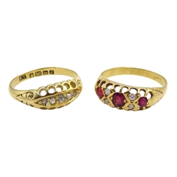  Edwardian 18ct gold five stone diamond ring, Birmingham 1903 and a gold seven stone ruby and diamond ring, stamped 18ct  