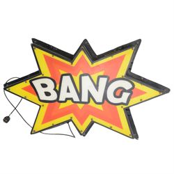 'Flash' 'Bang' and 'Wallop', set of three fibreglass and plastic illuminated signs H80cm W135ch D18cm (3) 
Provenance: previously part of the Blackpool Illuminations. Purchased by Drew Pritchard on the first ever day of filming the television program Salvage Hunters in 2011, and featured in the opening sequence of the first series. Purchased by Kane in the second programme, and mounted on top of 'The House'.